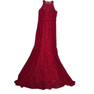 Cindy USA‎ Red Lace Sequin Halter Mermaid Evening Gown Prom Dress Small